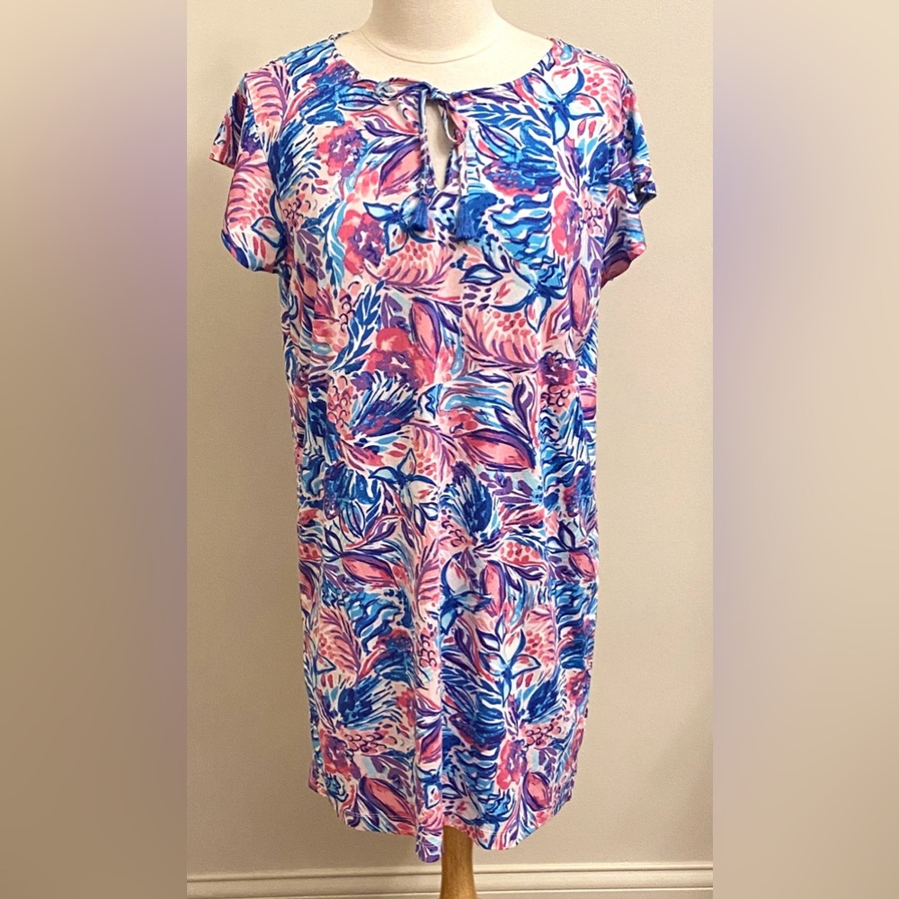 Stella Parker Island Collection Pink Blue Floral UPF 50 Swim Cover Up Dress SZ M
